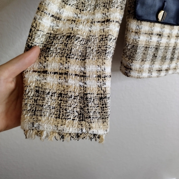 Zara Metallic Fringe Tweed Faux Leather Blazer Sz Xs - Picture 5 of 7